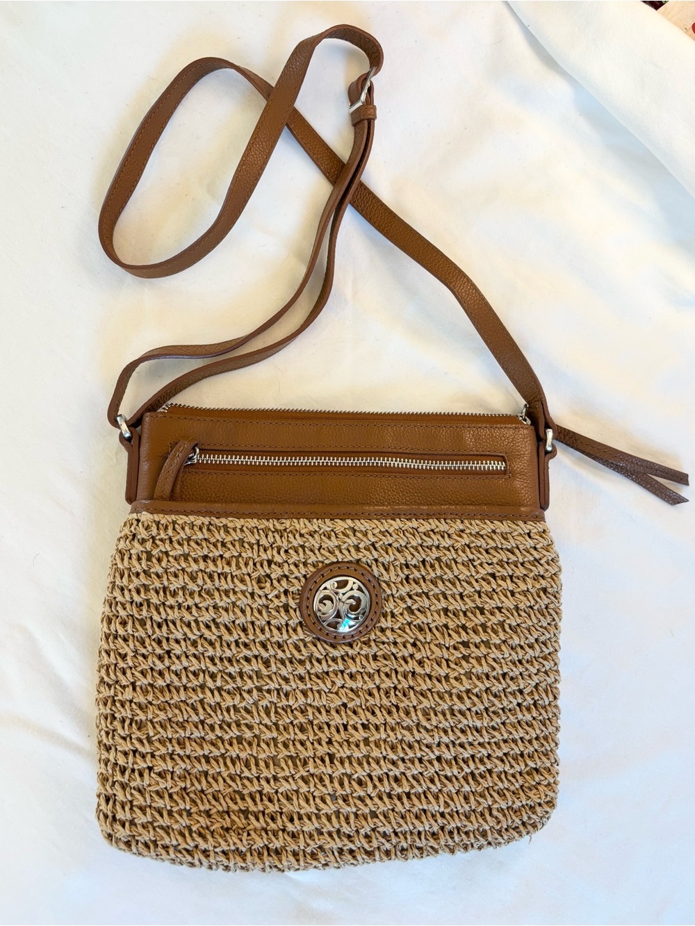 Brighton Woven Straw Crossbody with Brown Trim